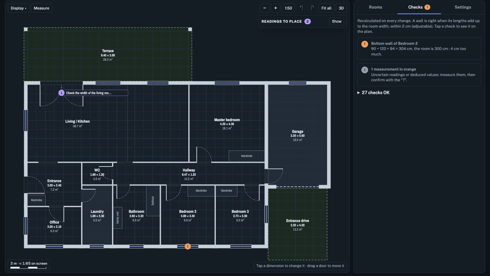 Aplomb: to-scale plan of a demo house, with the list of rooms and the checks
